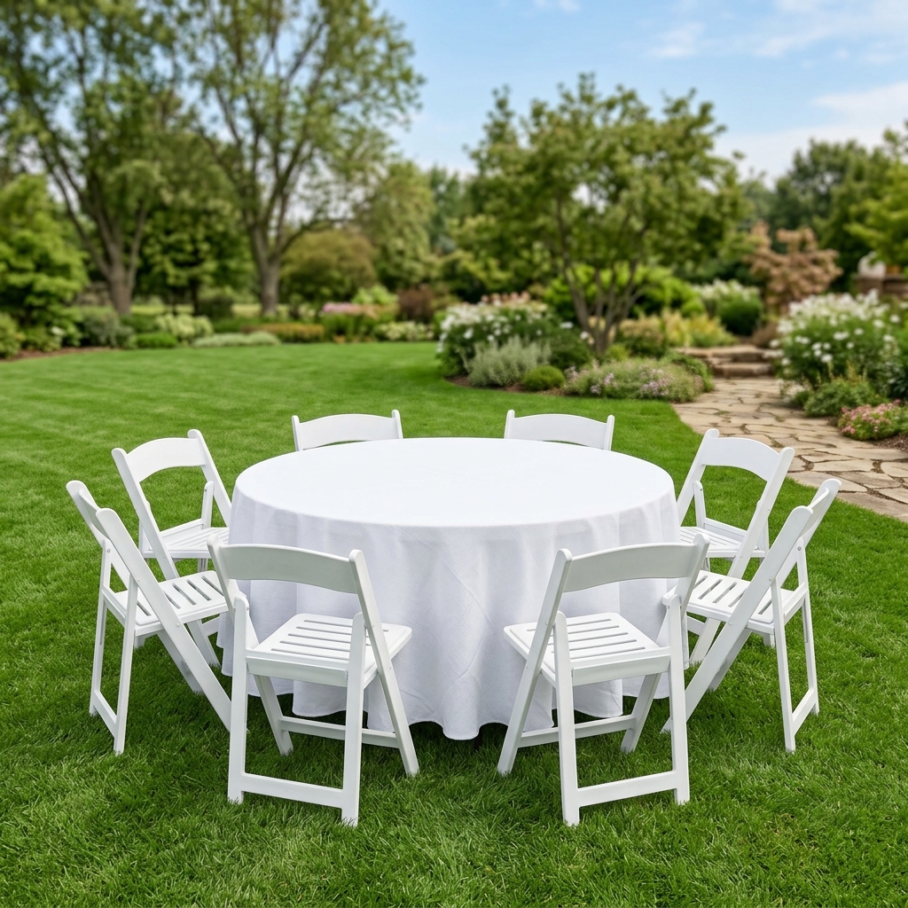 Guest Set: "Basic Party Kit" (1 Round Table + 8 White Chairs)